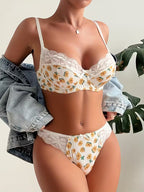 Women's Lace Bra & Panty Set - Floral Print Low-Rise Matching Underwear with Adjustable Strap Bra, Soft Lace Coverage,