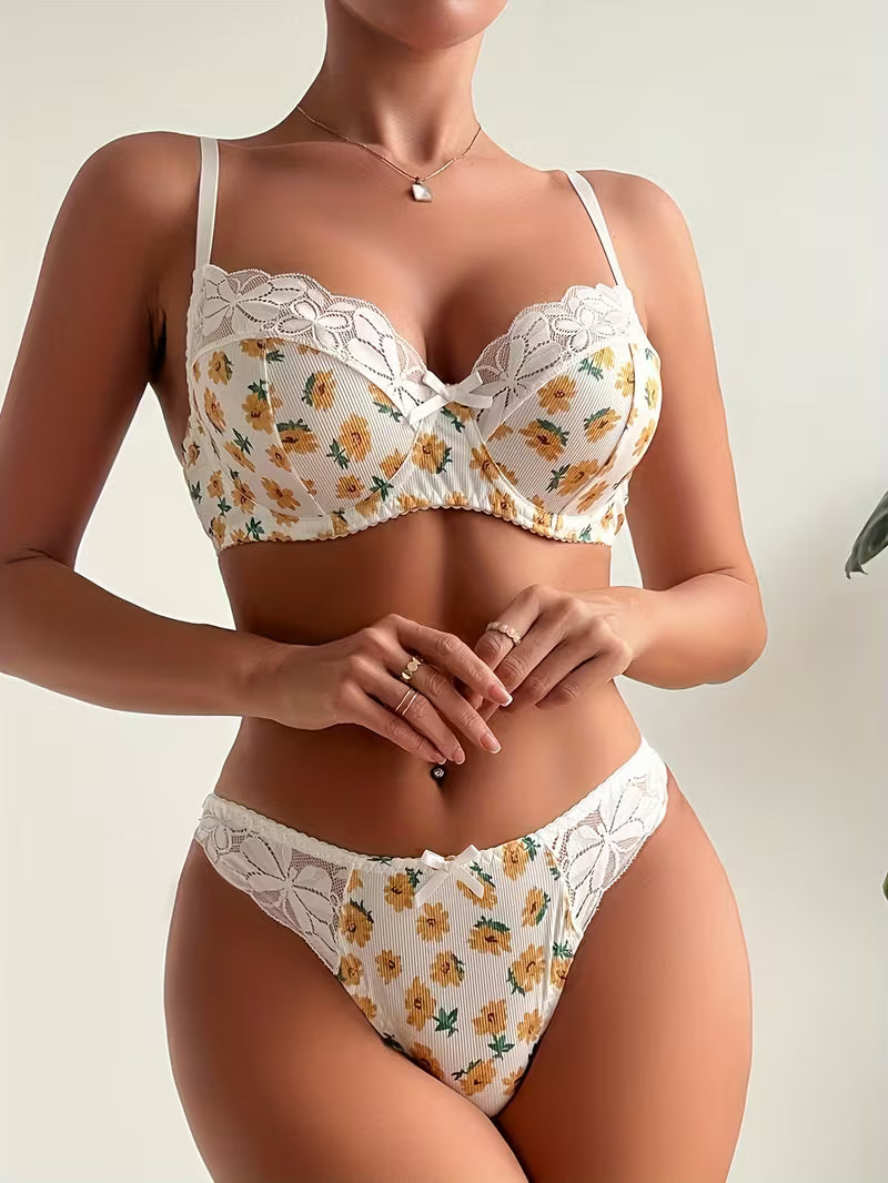 Women's Lace Bra & Panty Set - Floral Print Low-Rise Matching Underwear with Adjustable Strap Bra, Soft Lace Coverage,