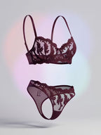 TP New Women's Elegance Grape Purple Wheat Spike and Floral Embroidered Sexy Lingerie Set