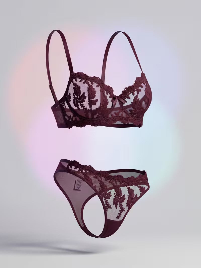 TP New Women's Elegance Grape Purple Wheat Spike and Floral Embroidered Sexy Lingerie Set