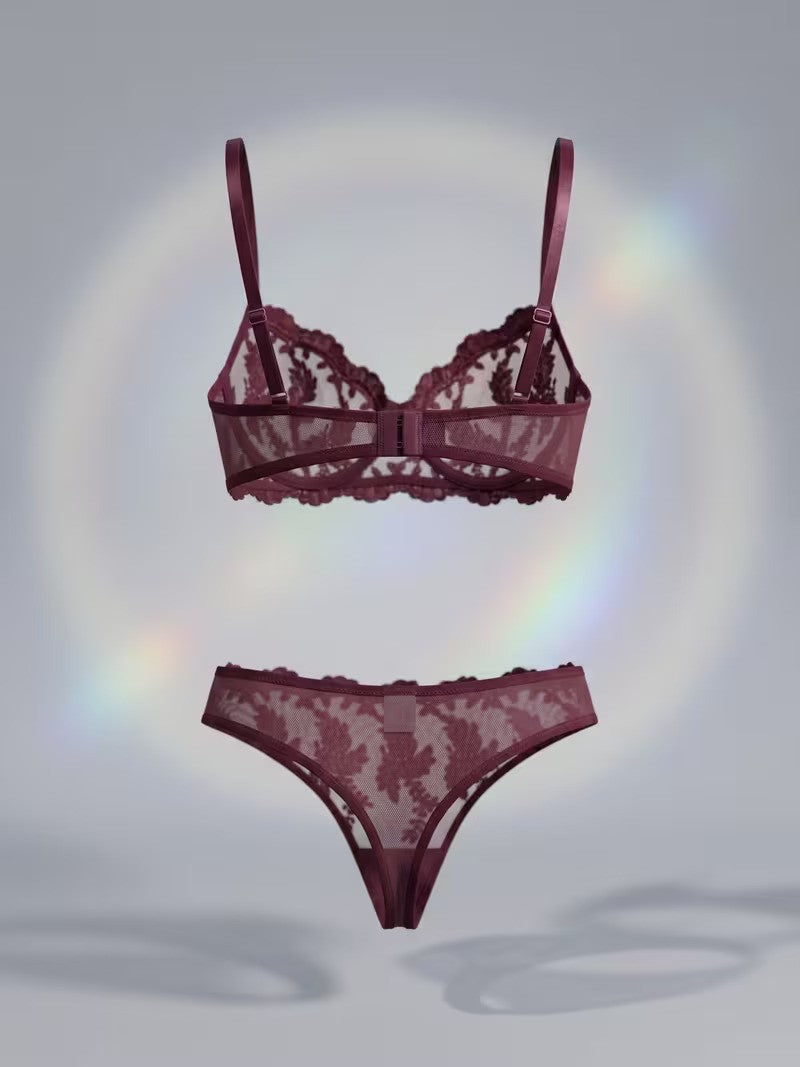 TP New Women's Elegance Grape Purple Wheat Spike and Floral Embroidered Sexy Lingerie Set