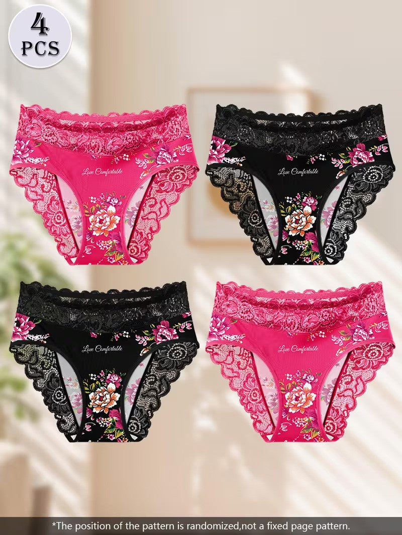 Four pairs of floral lace underwear in pink and black on a light background.