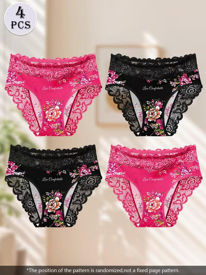 Four pairs of floral lace underwear in pink and black on a light background.