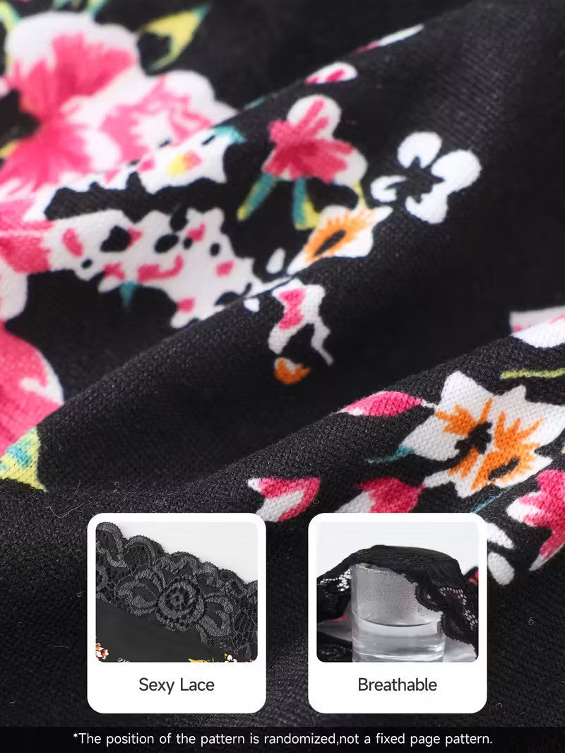 Black fabric with a colorful floral print, featuring close-up inset images showing black lace detail and a breathable texture test on a glass cup.
