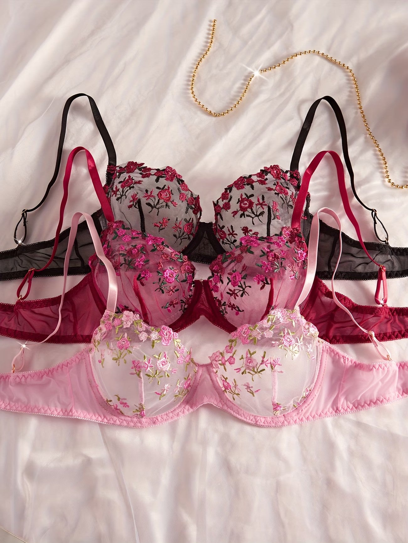 Women's Day Night Honeymood Floral Lace Bra And Panty Set - Set Of 3