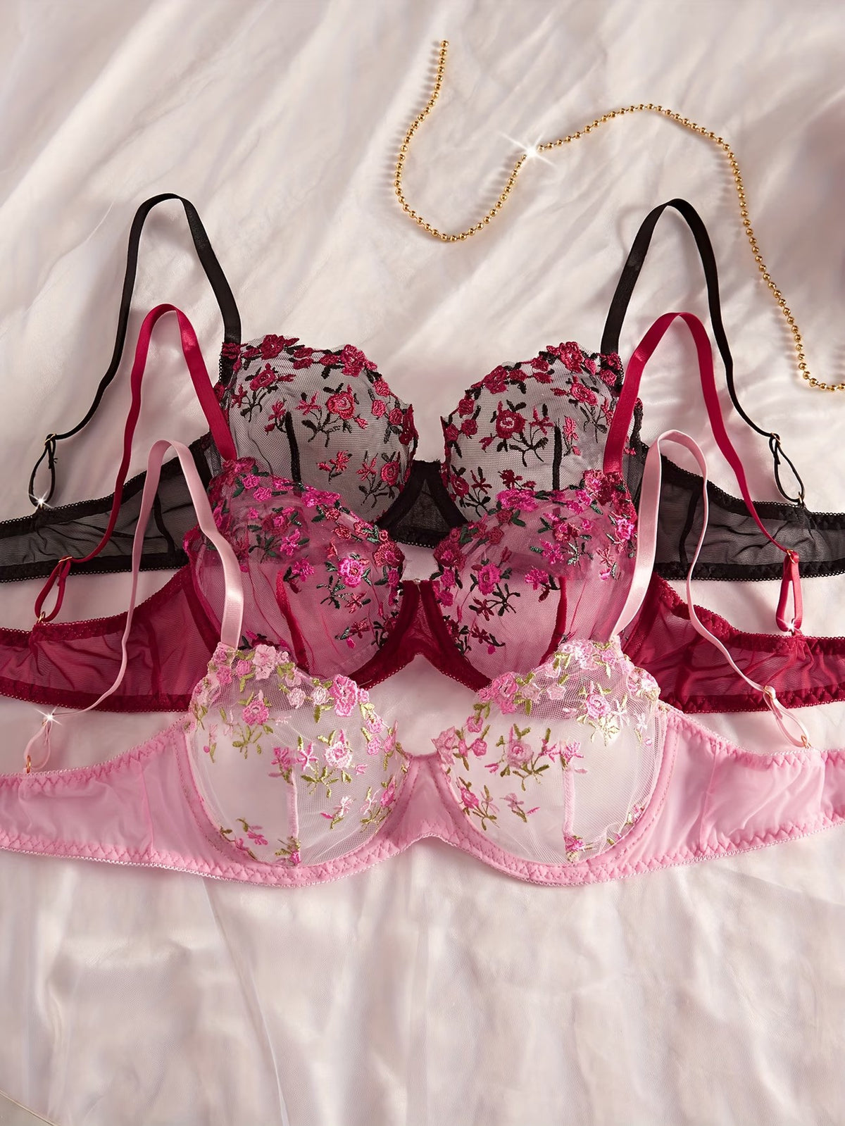 Women's Day Night Honeymood Floral Lace Bra And Panty Set - Set Of 3