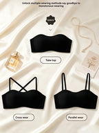 Black tube top with various wearing methods on a light fabric background