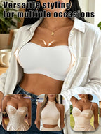 Woman wearing a white top with additional images of different tops displayed below.