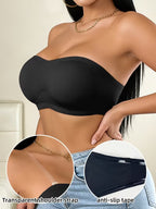 Black strapless bra with transparent shoulder strap and anti-slip tape, worn by a person.
