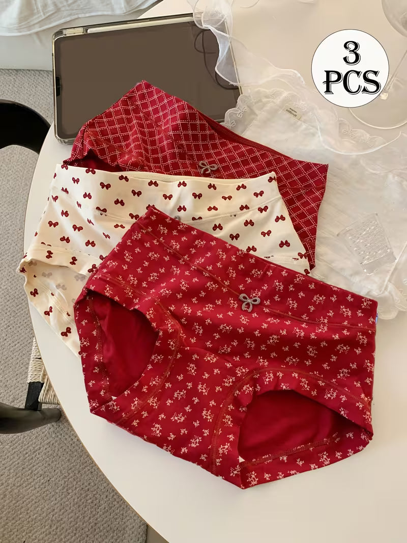 3pcs Women'S Comfortable Breathable Printed Mid-Waist Panties | Red Drop Waist Boyshorts with Extended Crotch