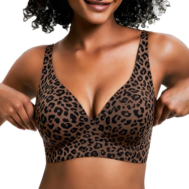 Leopard print bralette worn by a model on a white background