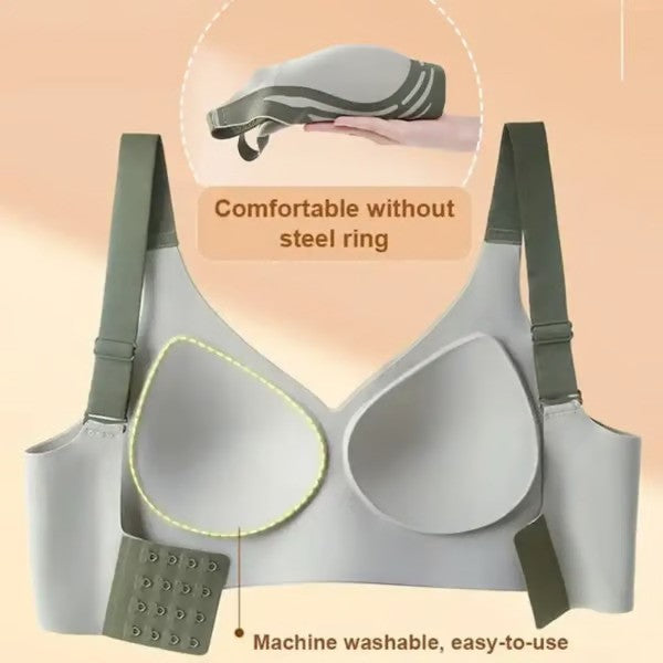Gray bra with green straps on a beige background, highlighting comfort features.
