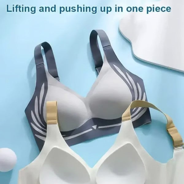 Gray and beige bra on a light blue background with text 'Lifting and pushing up in one piece'.
