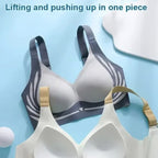 Gray and beige bra on a light blue background with text 'Lifting and pushing up in one piece'.
