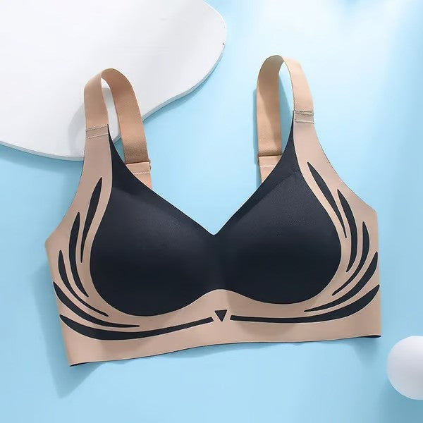 Black bra with beige straps on a light blue background