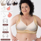 Woman wearing a beige and white bra with diagrams of breast types on a white background